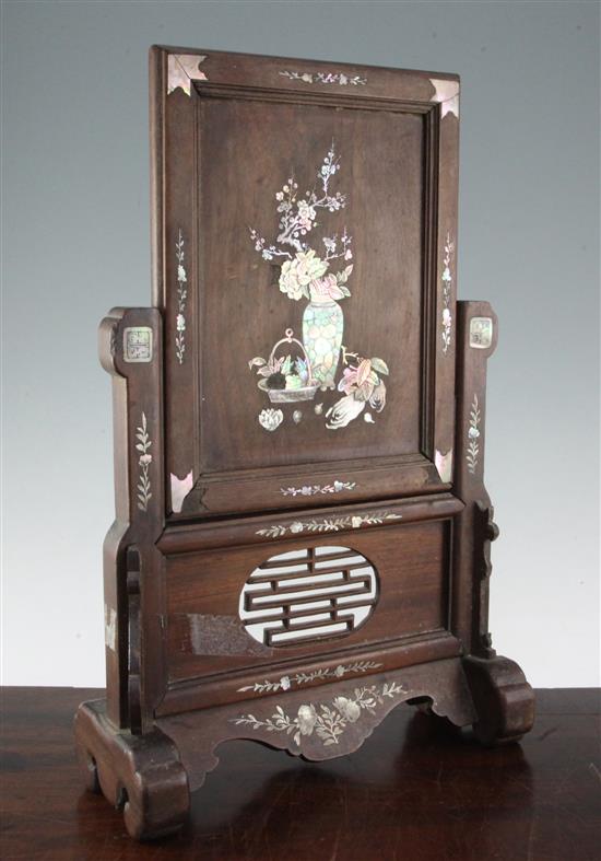 A Chinese rosewood and mother of pearl inlaid table screen, late 19th century, 46.5 x 29.5cm, some losses